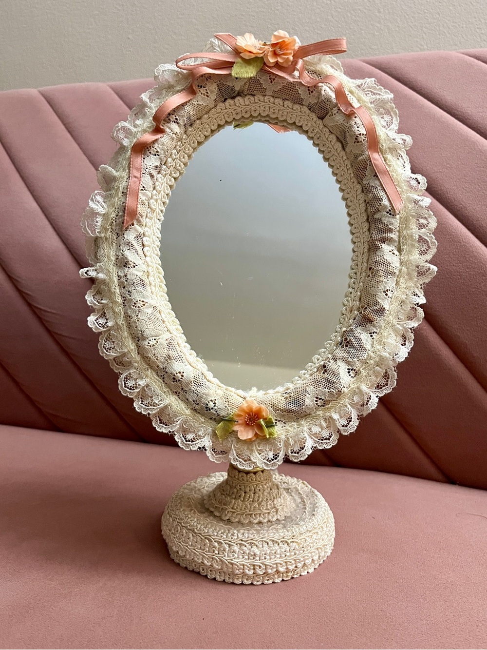 Lace Accent Hand Mirror with Peach Floral Detail - Cream